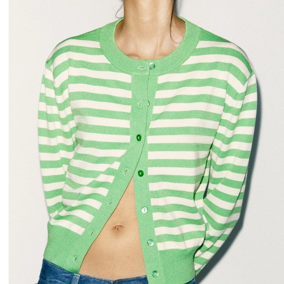 Zara Green and White Striped Cardigan Sweater Size Medium - Picture 2 of 10
